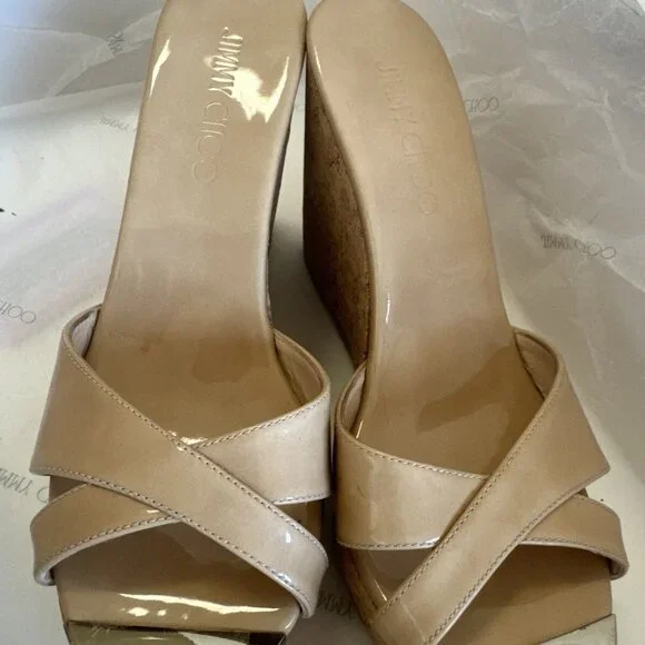 Jimmy Choo Nude Patent Leather Prima Cork Wedge Platform Sandals - Picture 2 of 6
